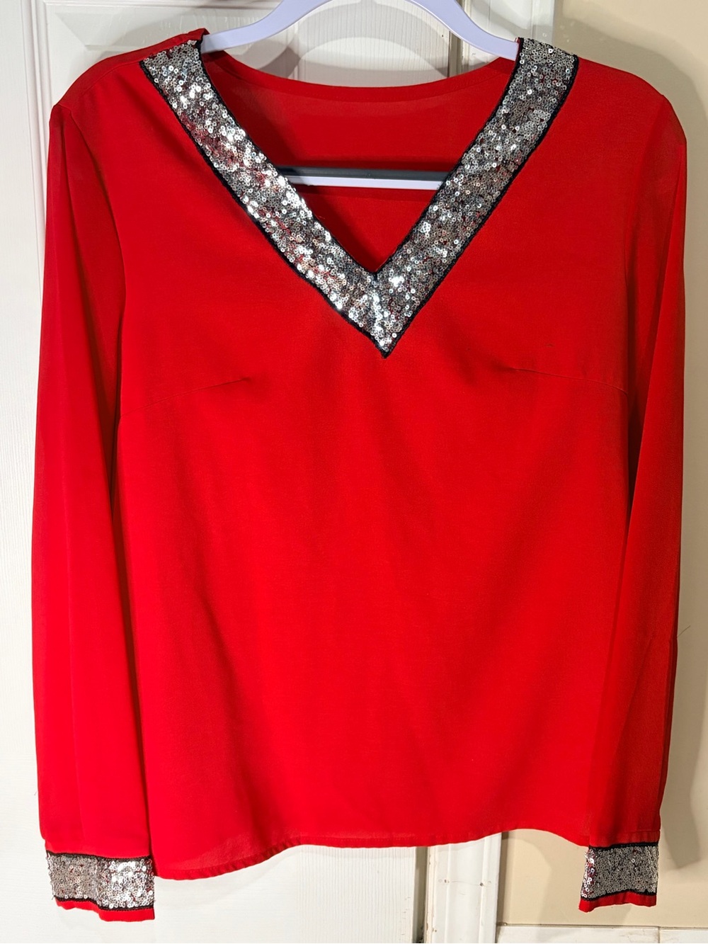Red Sequin-Trim V-Neck Women's Blouse